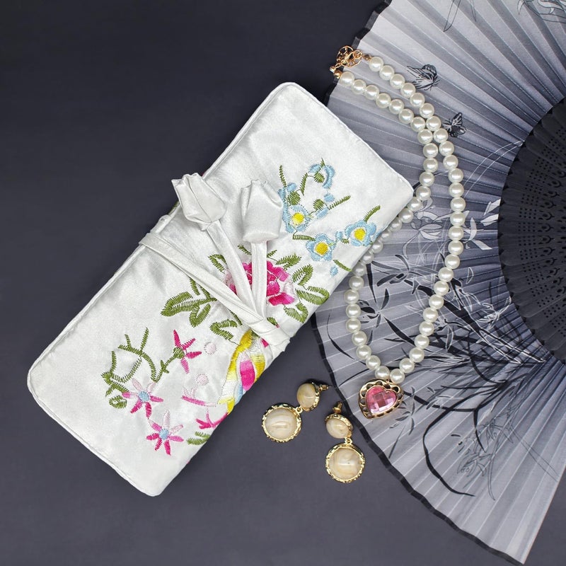 WEI LONG Jewelry Roll, Travel Jewelry Roll Bag,Silk Embroidery Brocade Jewelry Organizer Case with Tie Close (Blossom, White) - Image 5